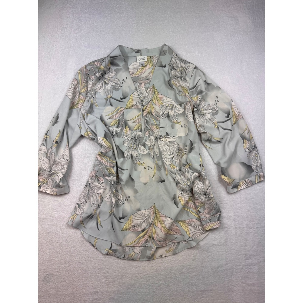 Jaclyn Smith Woman Floral Half Zip Blouse Sage Green 1X 3/4 Sleeve Top 2016